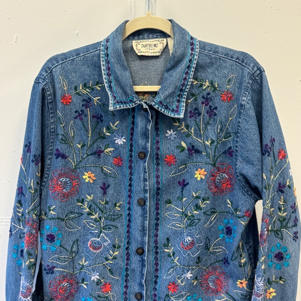 Vintage Tantrums Floral Embroidered Denim Jacket Medium Boho Cottagecore - Picture 4 of 9